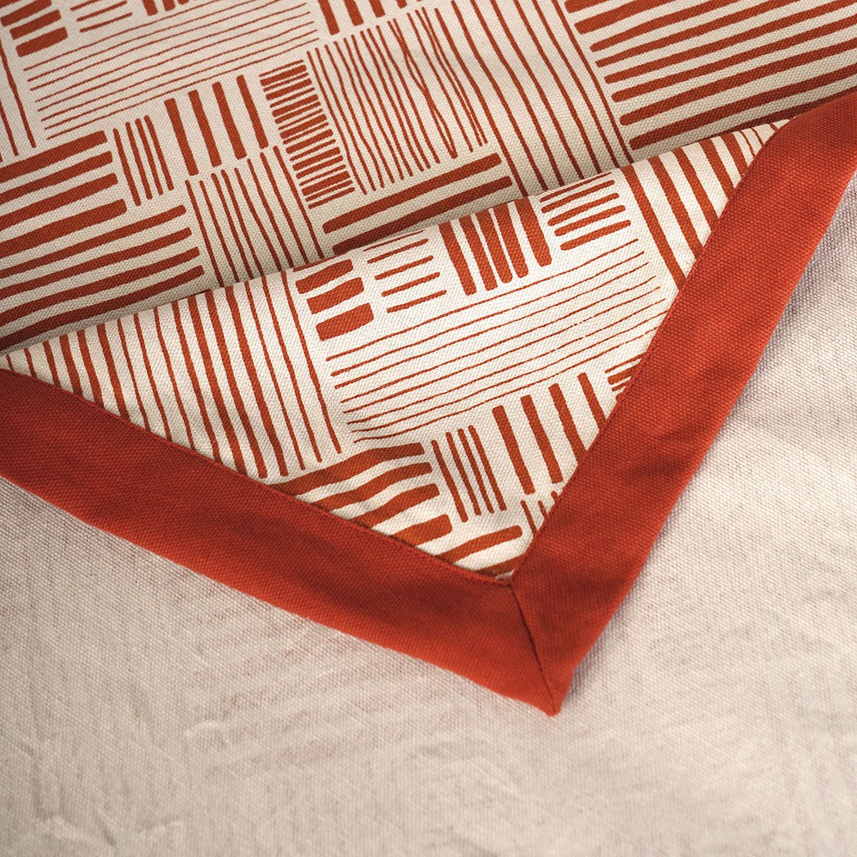 MODERN RETRO - Terracotta cotton table cloth with geometrical stripe print, Sizes available
