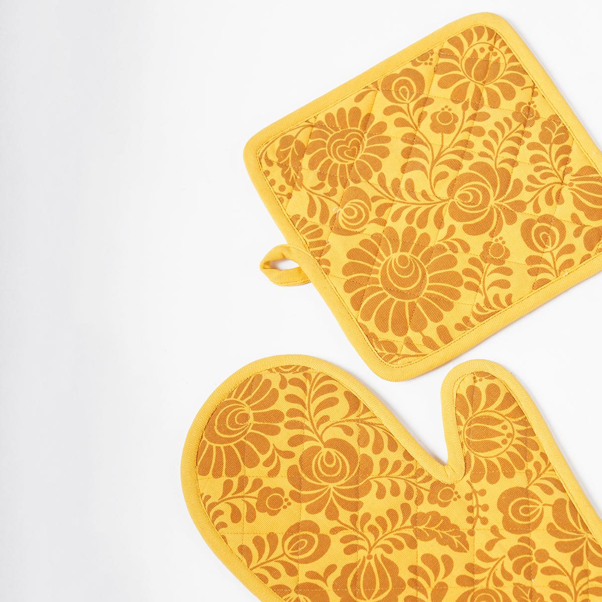 MATYO Yellow floral print Pot holder and Glove, kitchen accessory, 100% cotton, view options