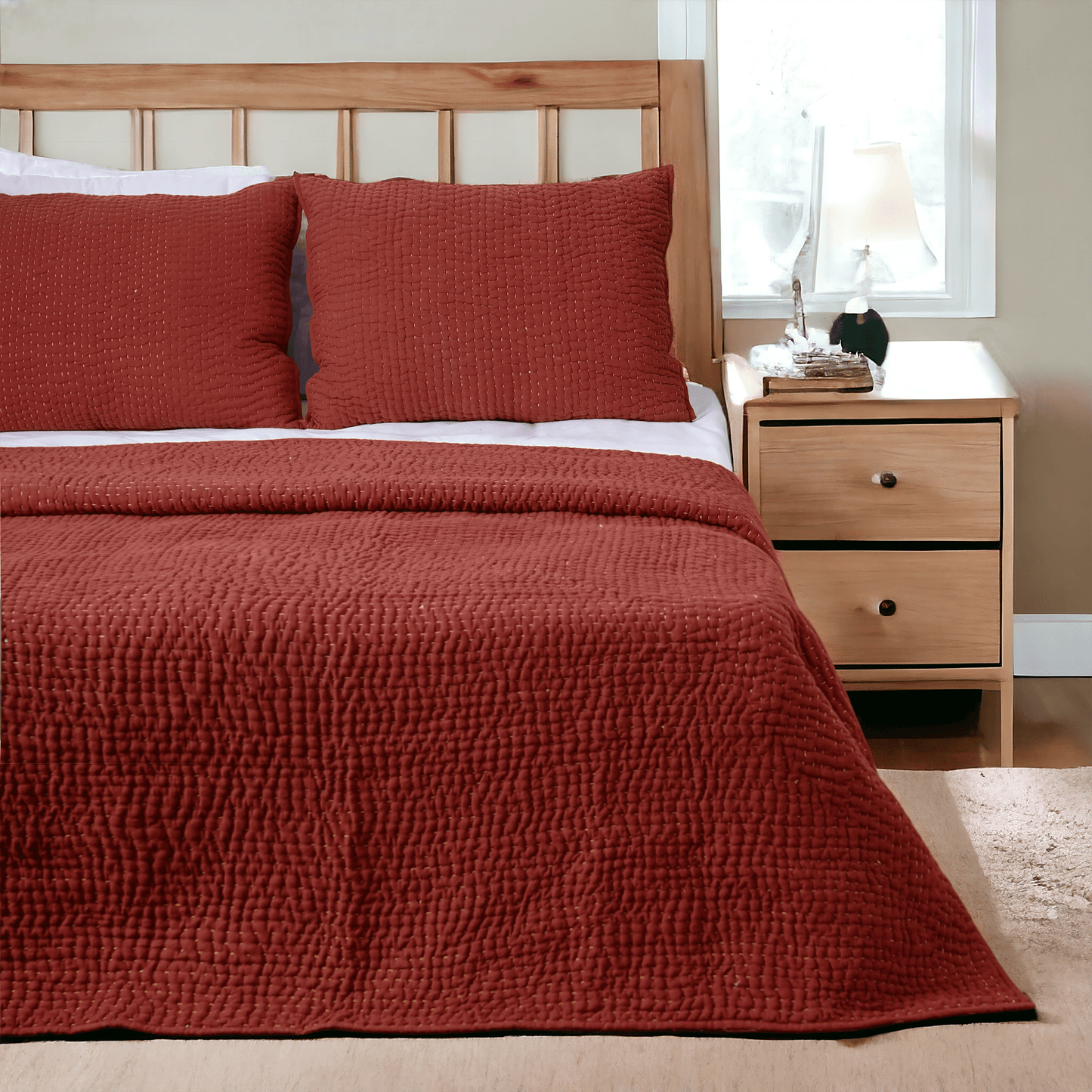Terracotta Kantha quilted bed sets - hand quilted 4 layer muslin gauze, sizes available