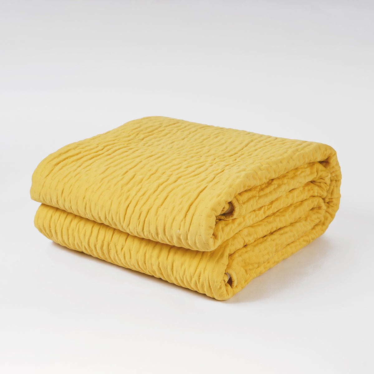 Yellow 300TC quilted bedspread, stripe pattern, cotton kantha quilt, Sizes available