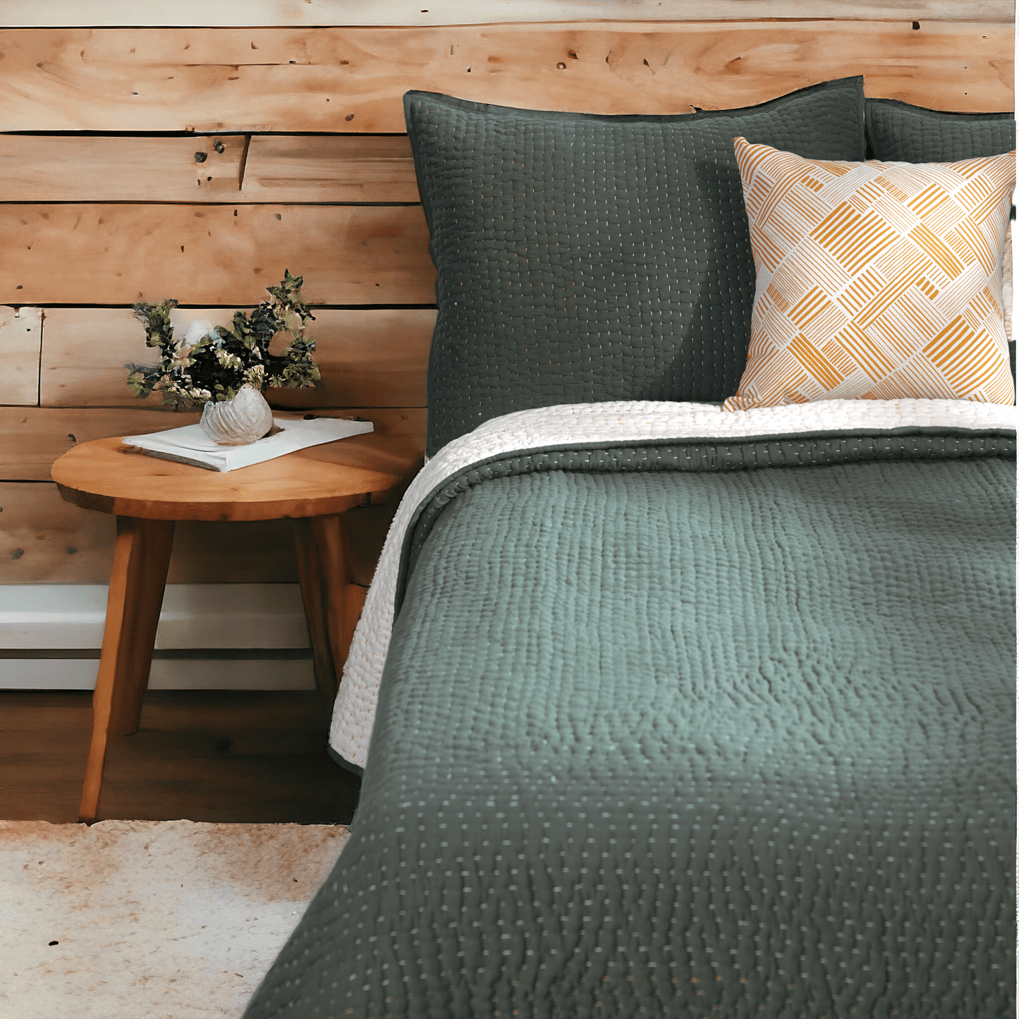 Olive Green quilted bed set - hand quilted 4 layer muslin gauze, sizes available
