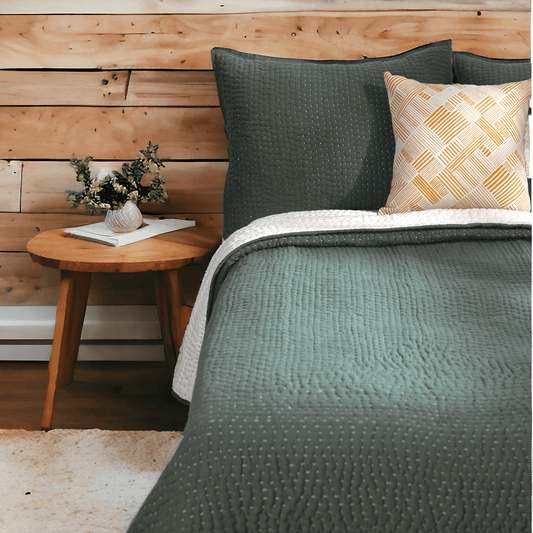 Olive Green quilted bed set - hand quilted 4 layer muslin gauze, sizes available