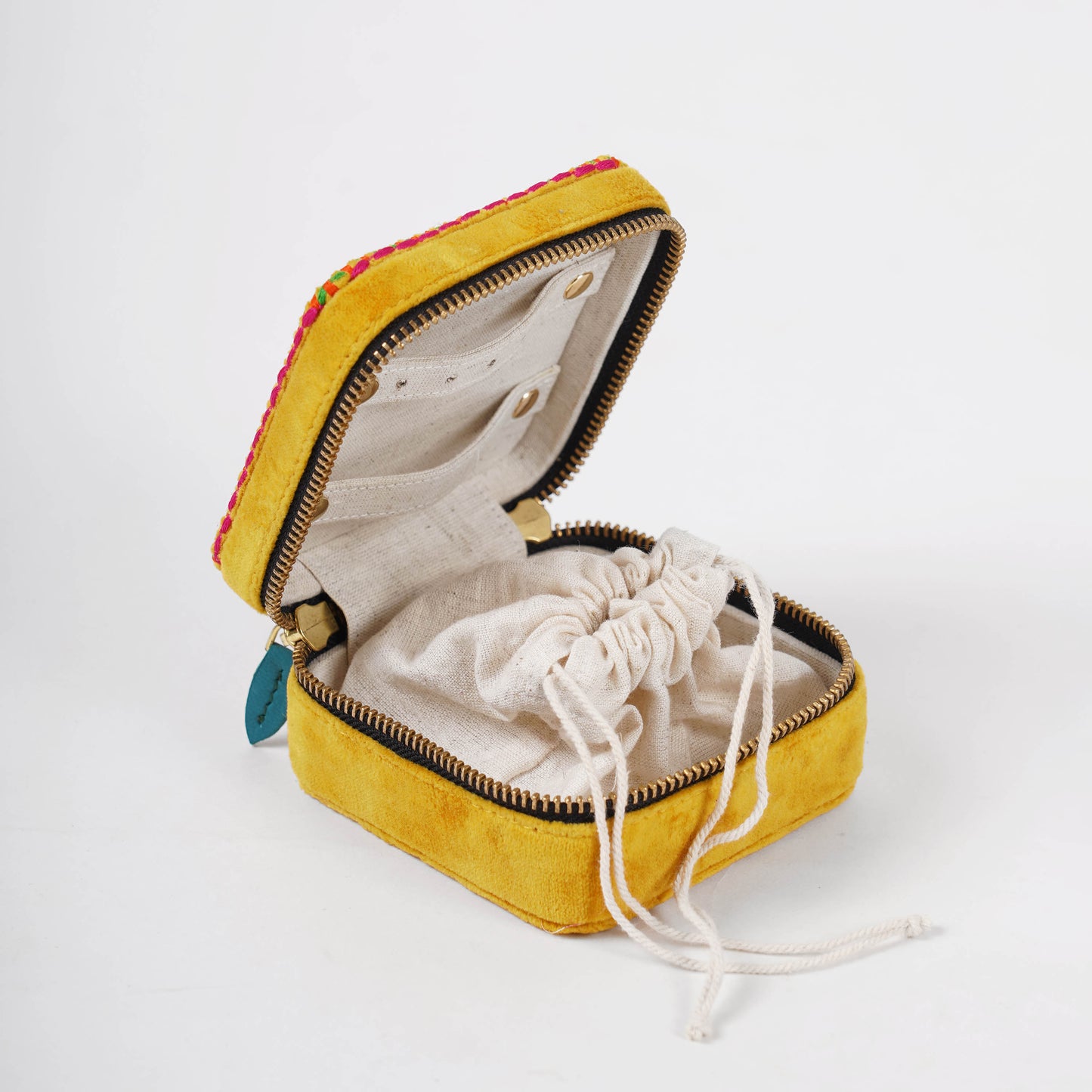 Mustard Velvet Square Embroidered Jewellery box