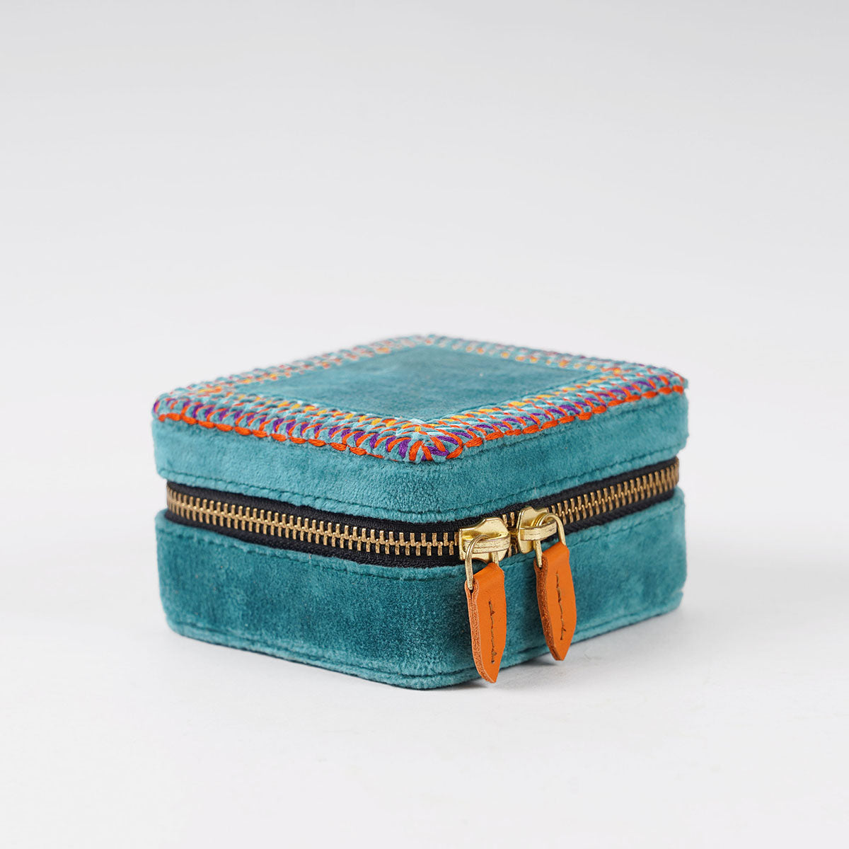 Teal Velvet Square Embroidered Jewellery box