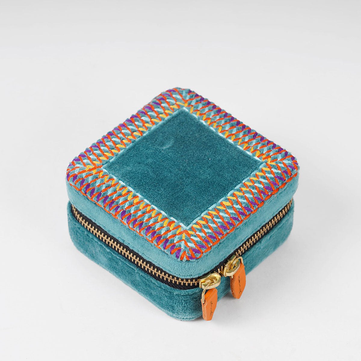Teal Velvet Square Embroidered Jewellery box
