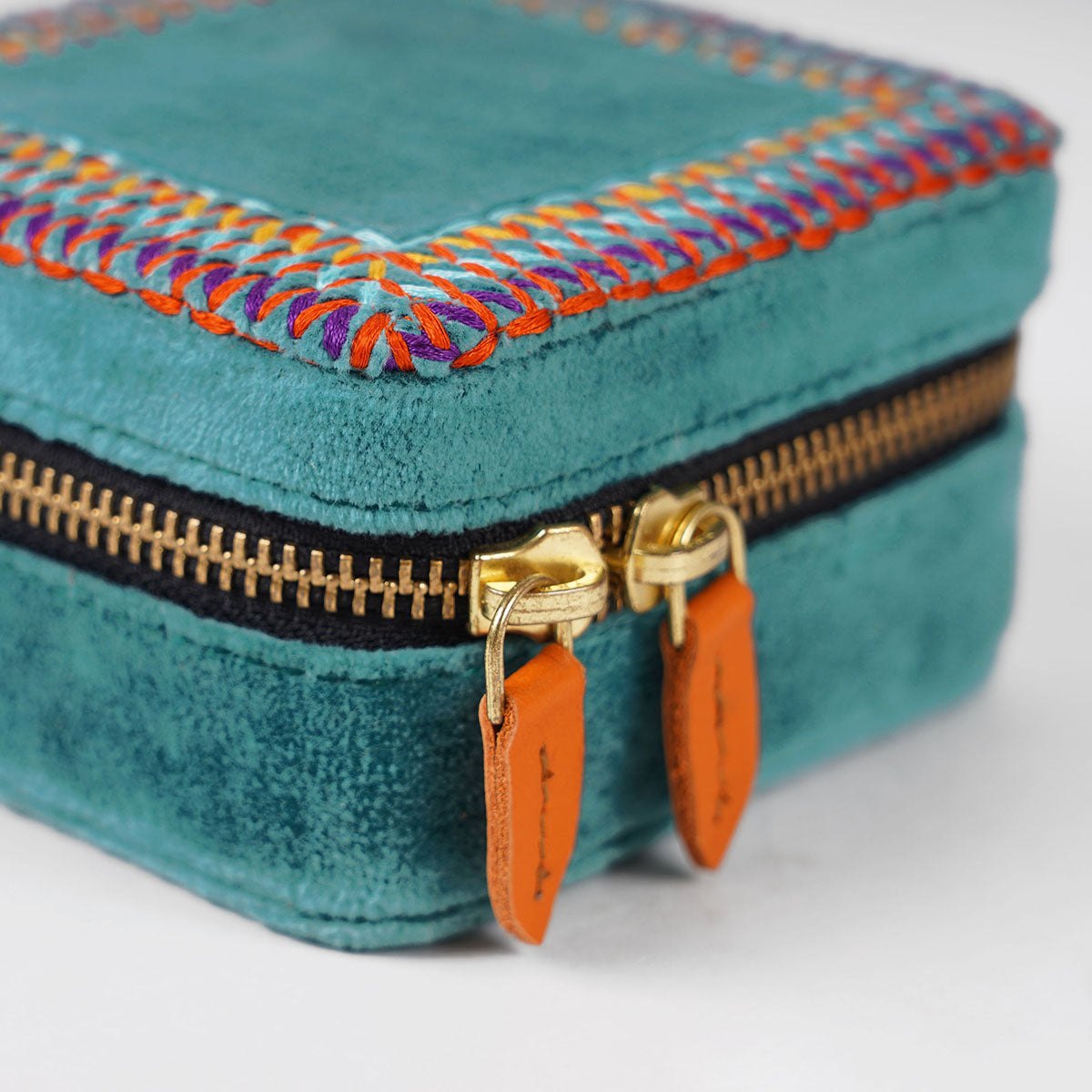 Teal Velvet Square Embroidered Jewellery box