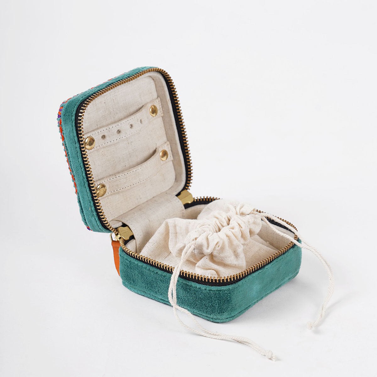 Teal Velvet Square Embroidered Jewellery box