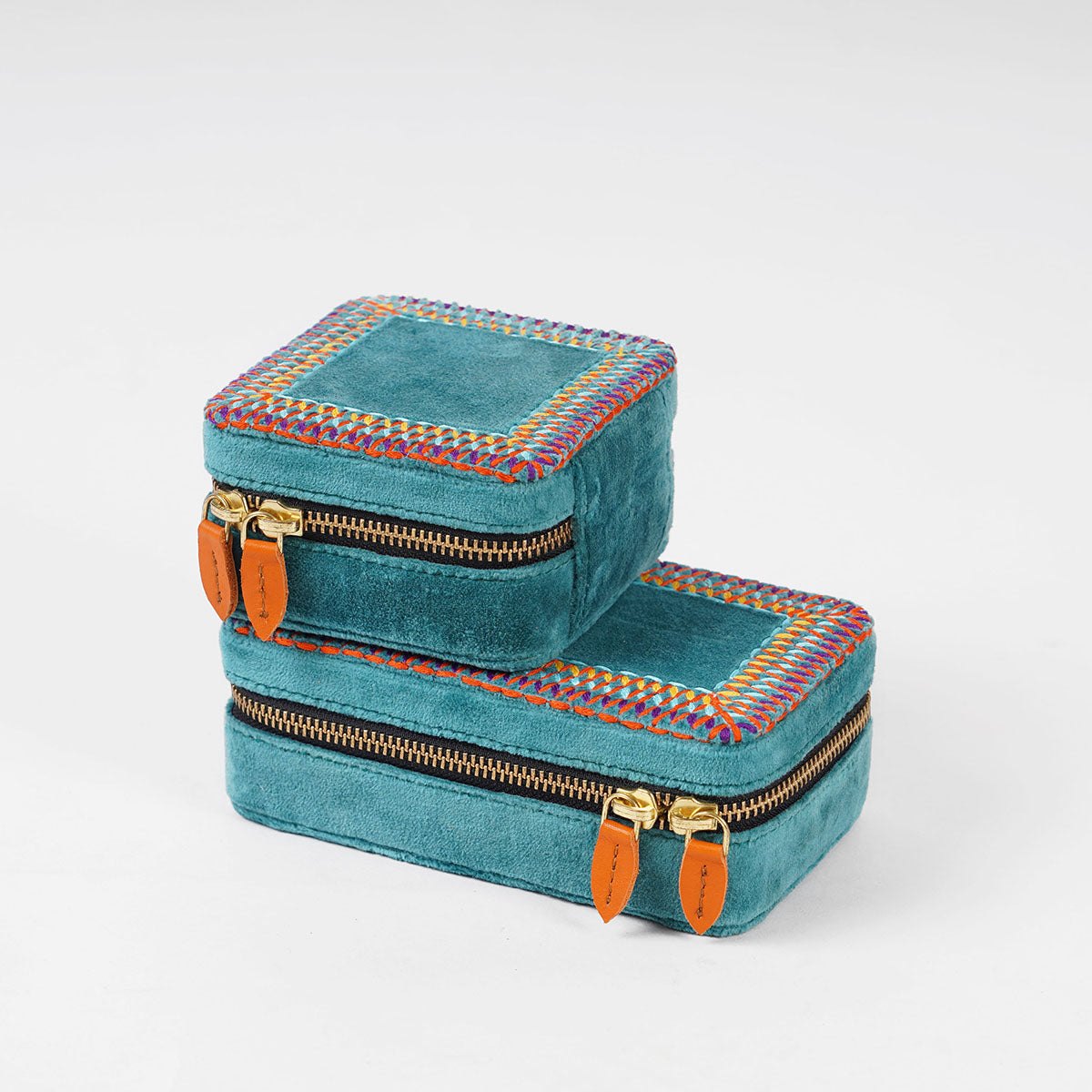 Teal Velvet Square Embroidered Jewellery box