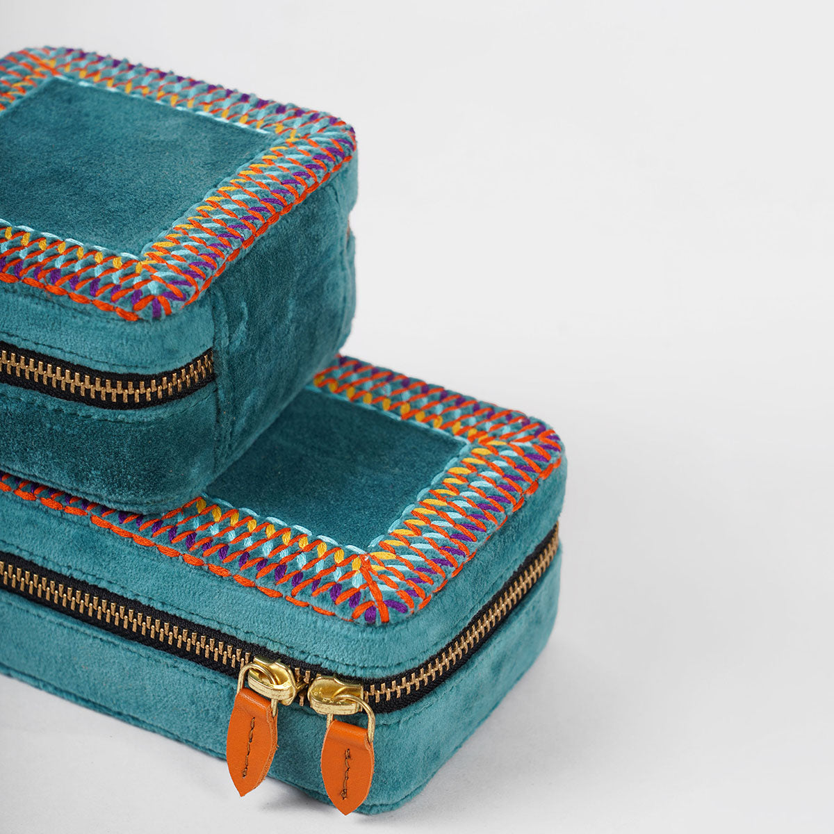 Teal Velvet Square Embroidered Jewellery box