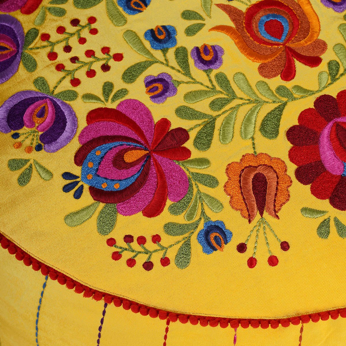 Matyo - Embroidered boho pouf cover, Yellow with multicolour rose embroidery ottoman cover