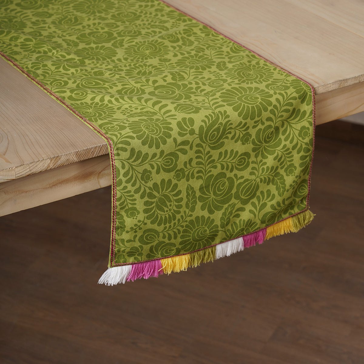 Matyo - Green printed cotton Table runner with multicolour acrylic fringe, sizes available