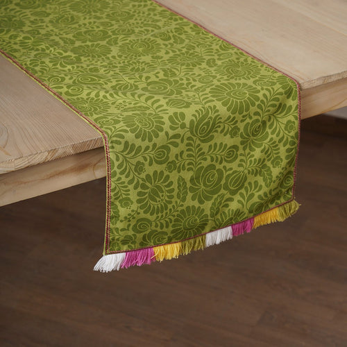 Matyo - Green printed cotton Table runner with multicolour acrylic fringe, sizes available