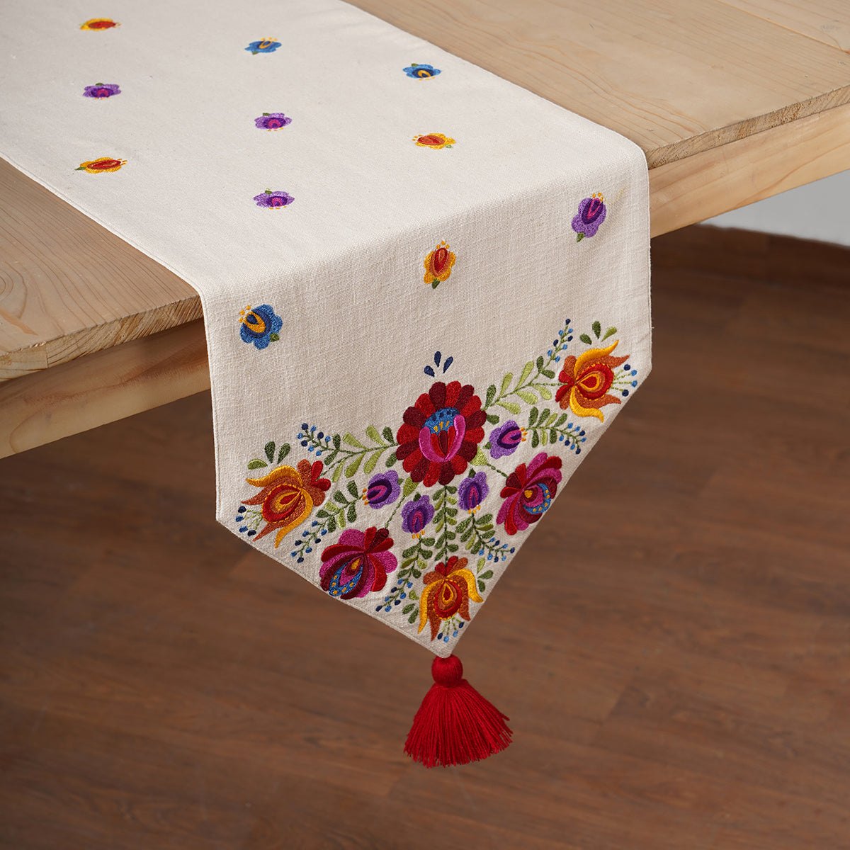 Matyo - Off white slub cotton Table runner with multicolour embroidery, sizes available