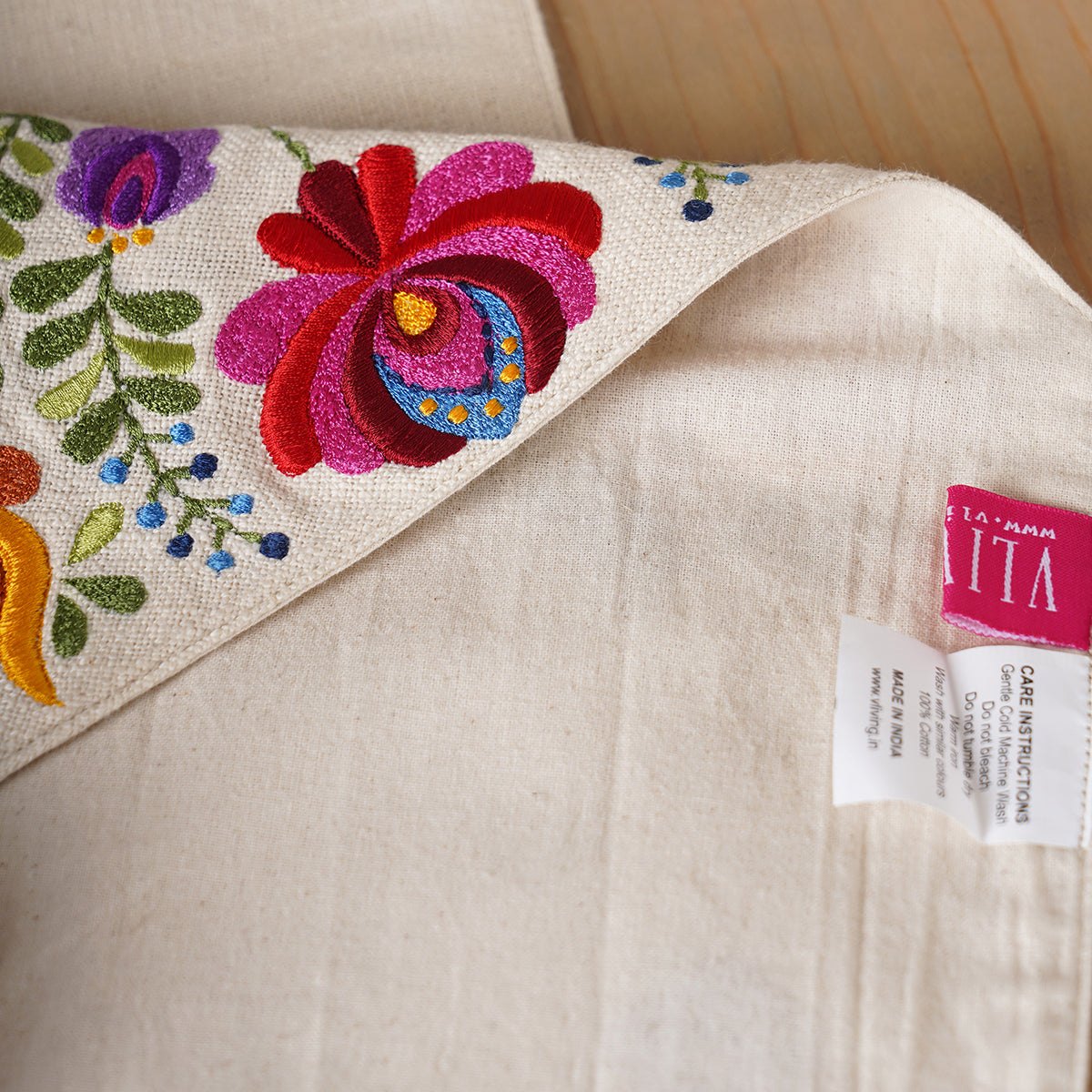 Matyo - Off white slub cotton Table runner with multicolour embroidery, sizes available