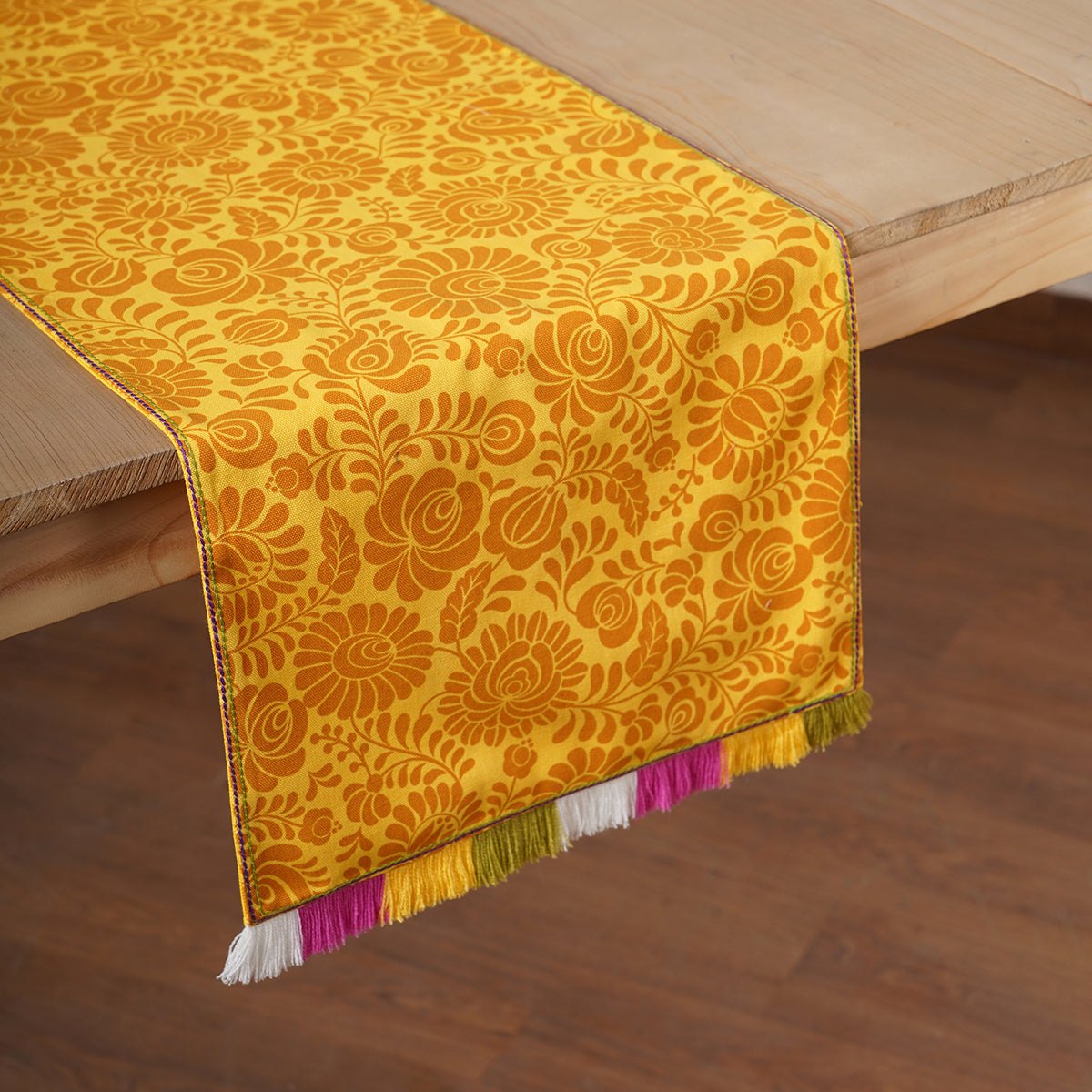 Matyo - Yellow printed cotton Table runner with multicolour acrylic fringe, sizes available