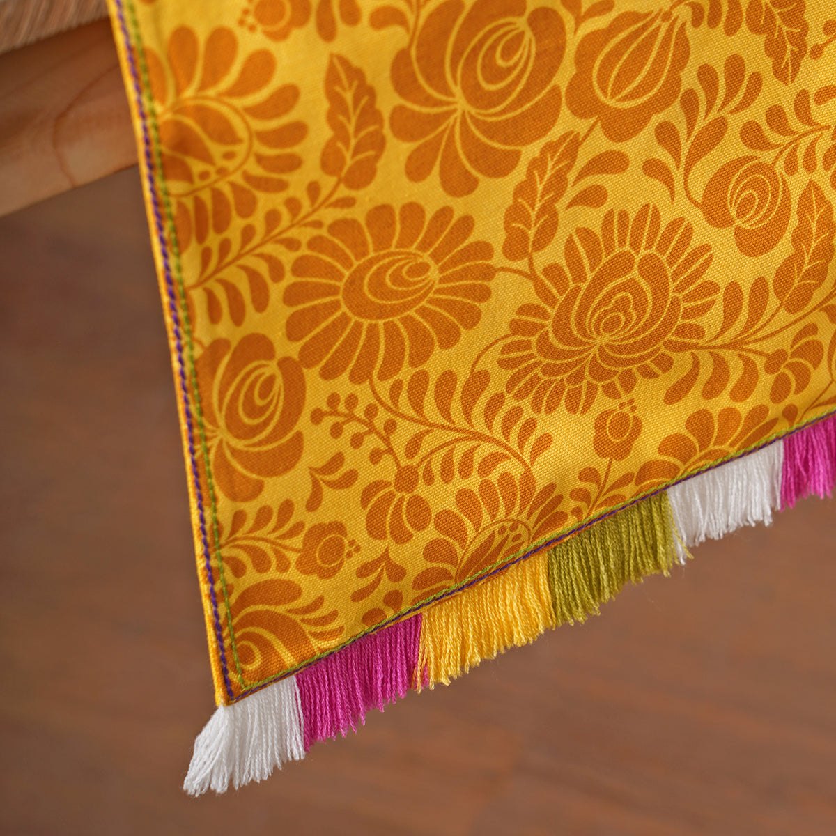 Matyo - Yellow printed cotton Table runner with multicolour acrylic fringe, sizes available