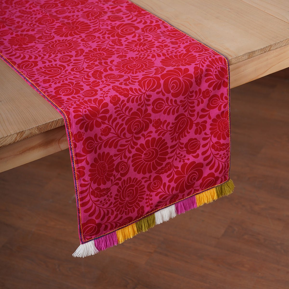 Matyo - Hot Pink printed cotton Table runner with multicolour acrylic fringe, sizes available