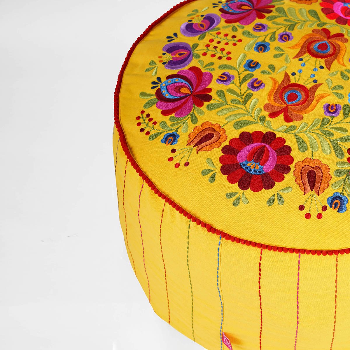 Matyo - Embroidered boho pouf cover, Yellow with multicolour rose embroidery ottoman cover