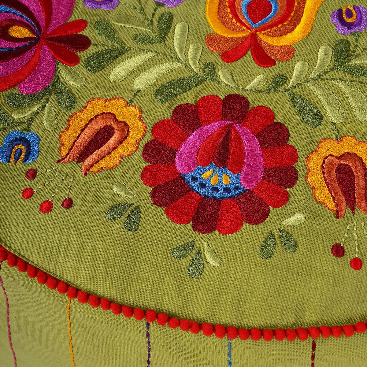 Matyo - Embroidered boho pouf cover, Green with multicolour rose embroidery ottoman cover