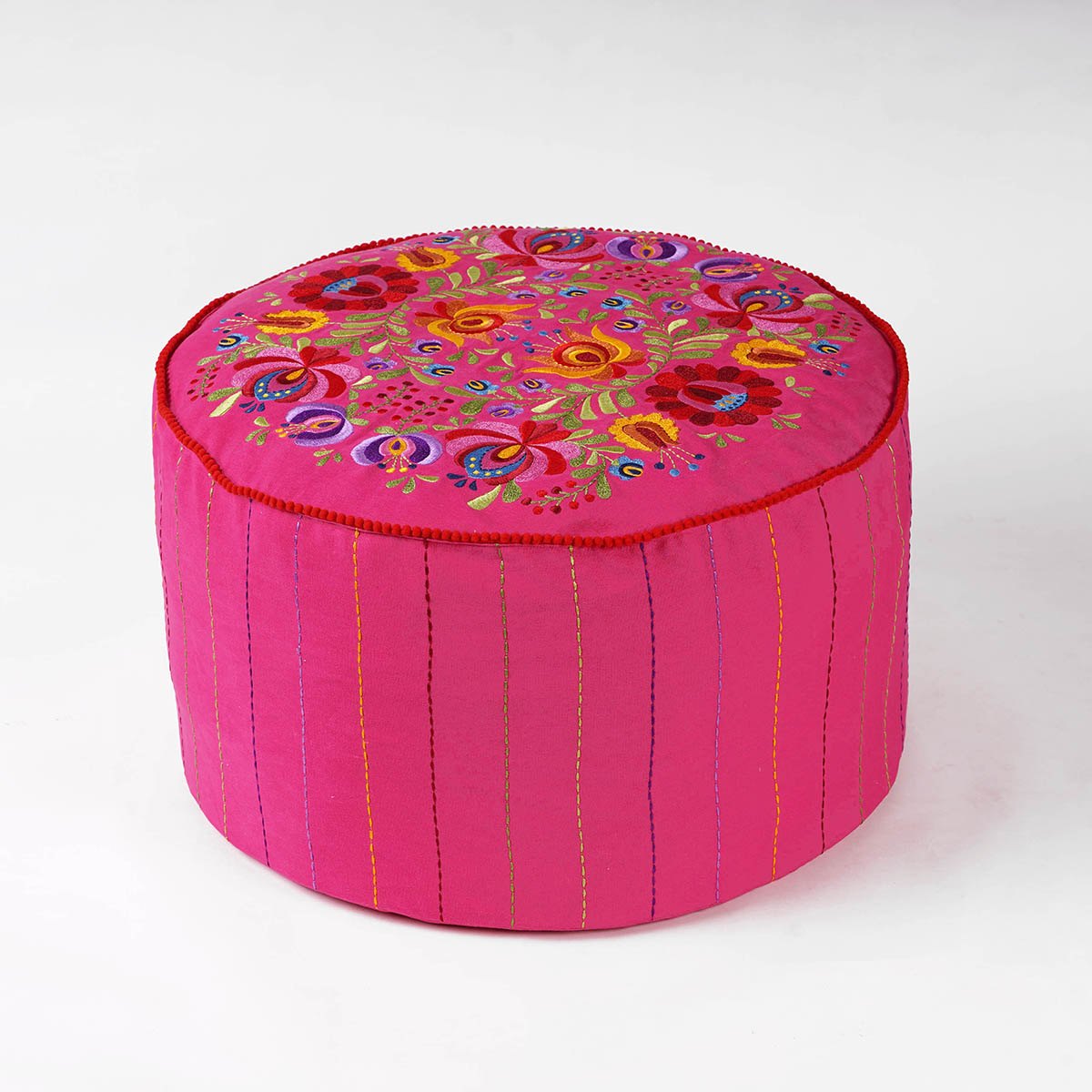 Matyo - Embroidered boho pouf cover, Hot pink with multicolour rose embroidery ottoman cover
