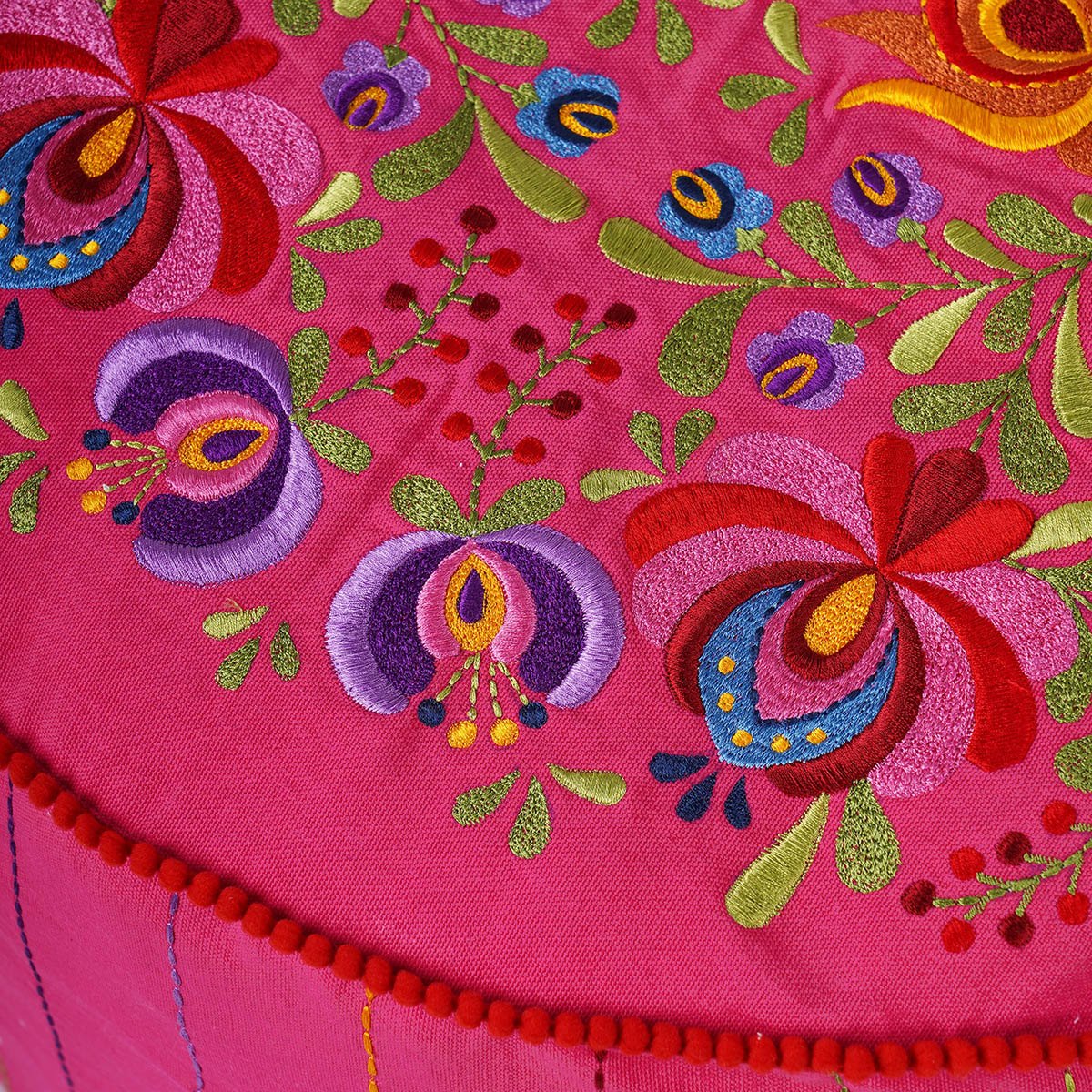 Matyo - Embroidered boho pouf cover, Hot pink with multicolour rose embroidery ottoman cover