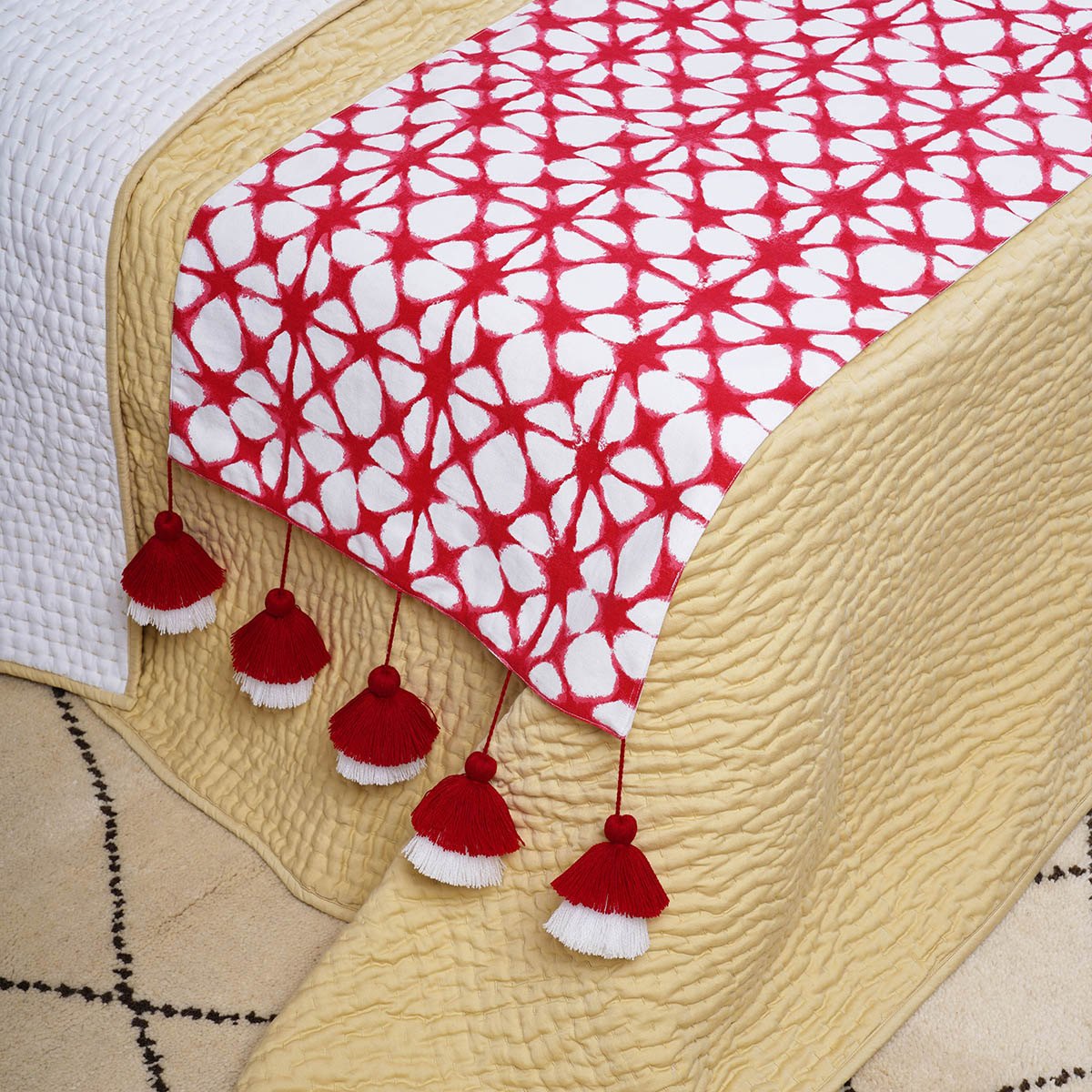 BED RUNNER SET - Red tie dye prism print cotton Bed runner with coordinated Decorative Throw Pillow Cover