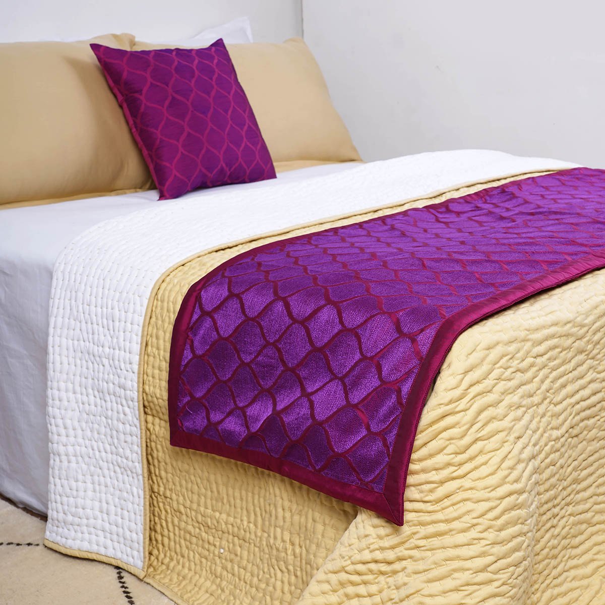 Plum fully embroidered Bed runner set - King / Queen / Twin Size Bed Runner with coordinated Decorative Throw Pillow Cover