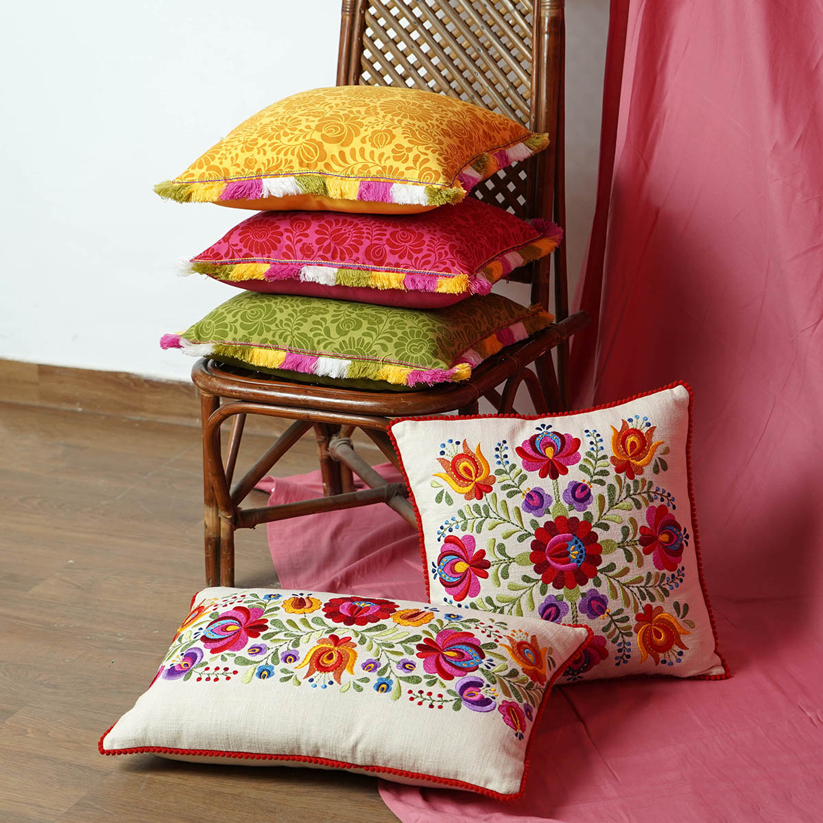 MATYO - Yellow printed cotton Pillow cover with multicolour acrylic fringe, sizes available