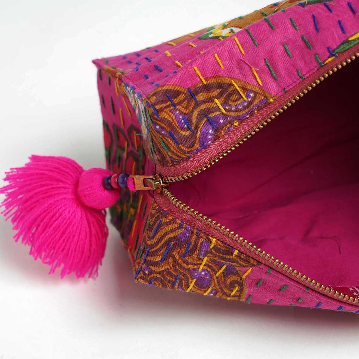 Hot Pink toiletry handbag, kantha pouch, make up or cosmetic bag, utility pouch