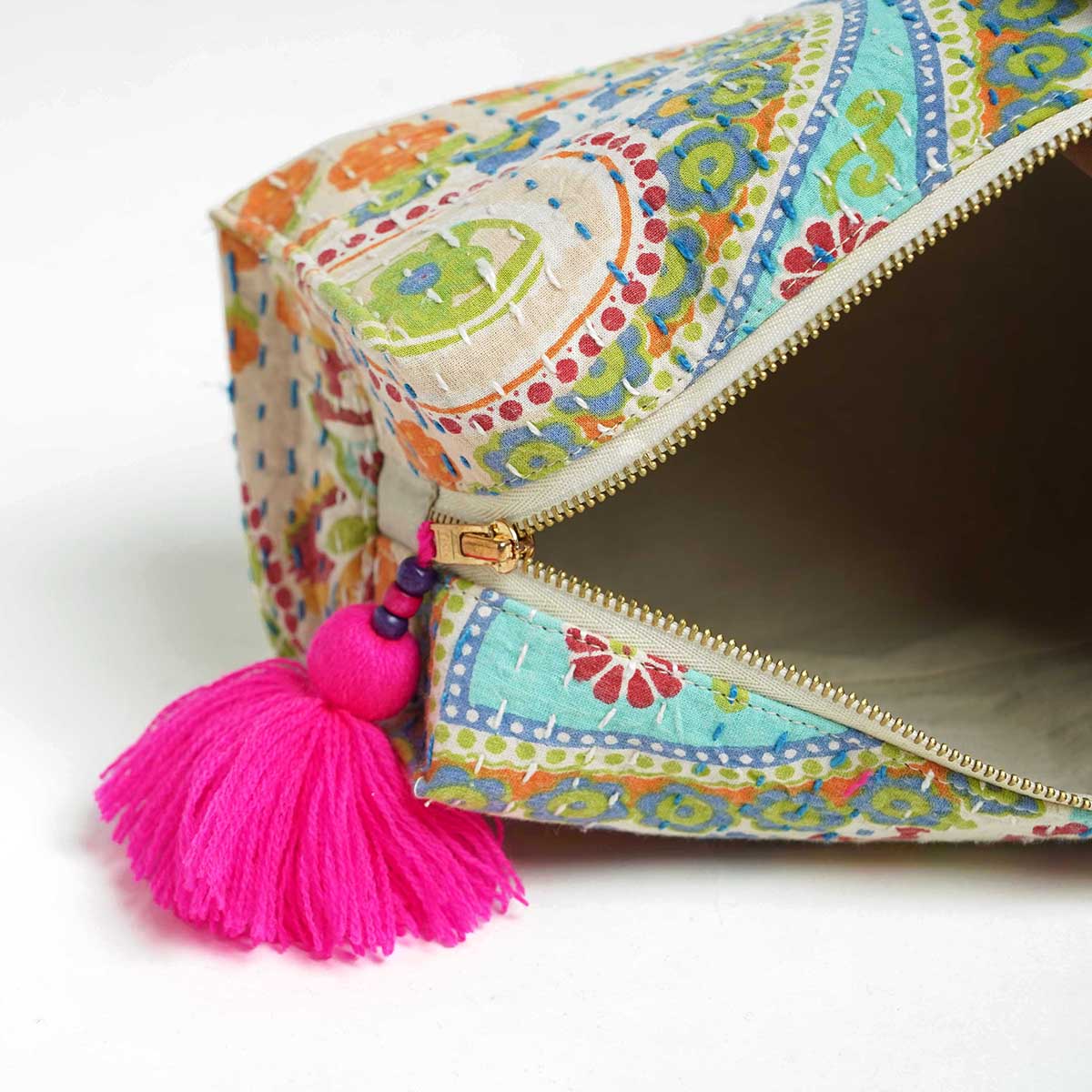 Pastel colour print utility kantha pouch, make up /cosmetic / toiletry bag.