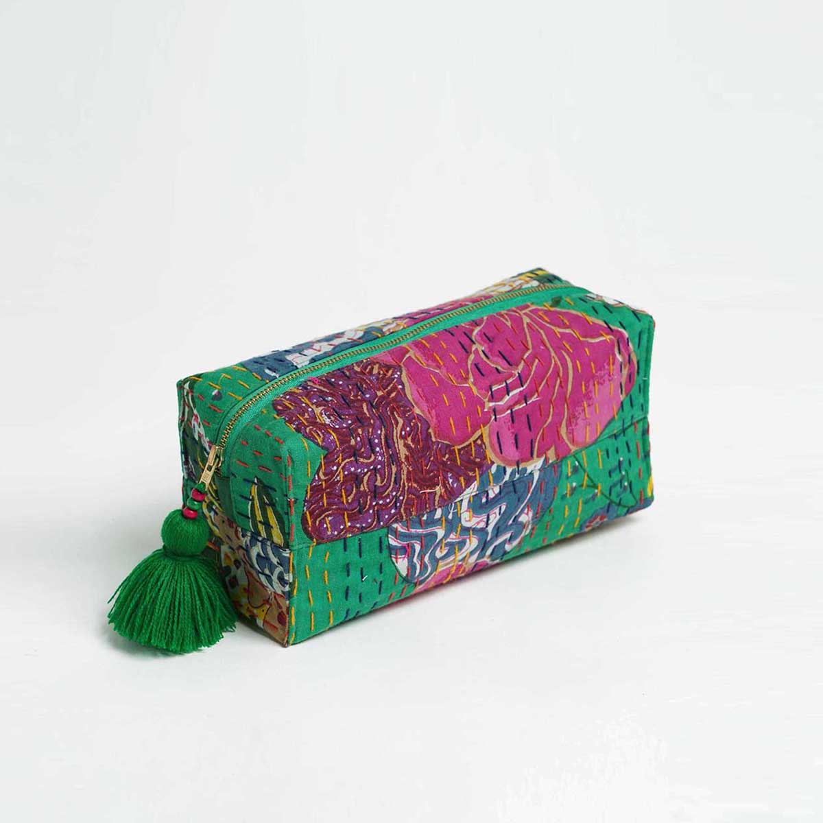 Green printed utility kantha pouch, make up /cosmetic / toiletry bag