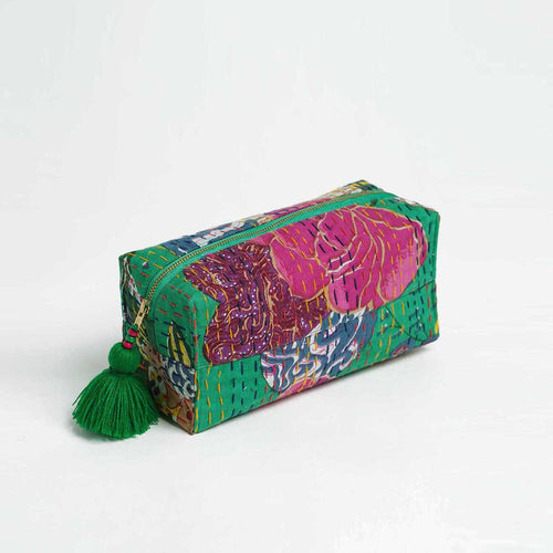 Green printed utility kantha pouch, make up /cosmetic / toiletry bag