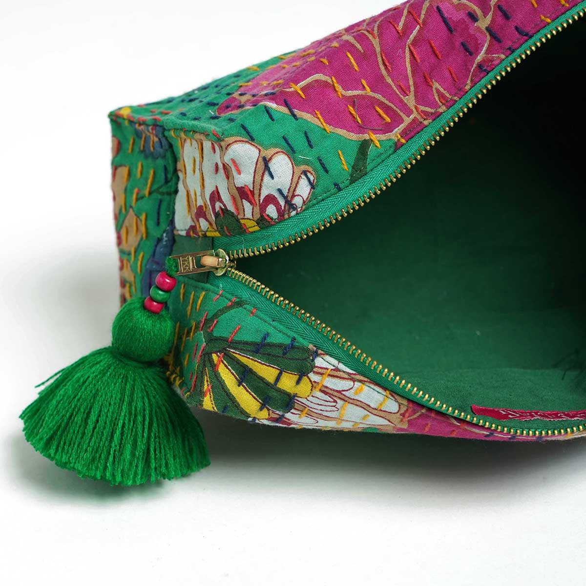Green printed utility kantha pouch, make up /cosmetic / toiletry bag