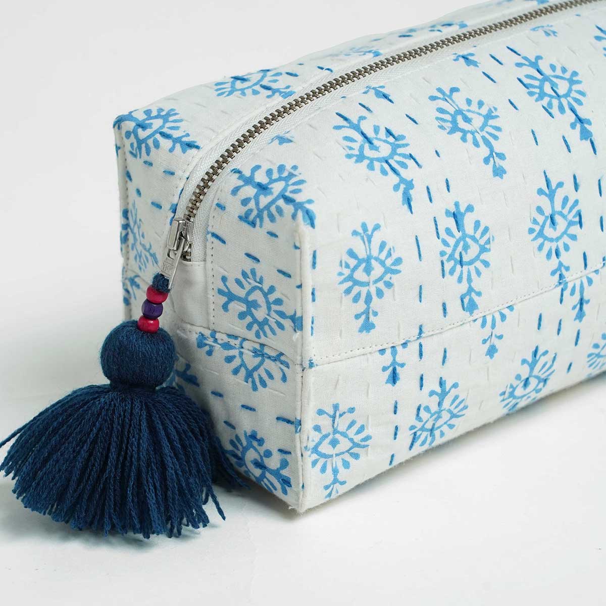 Blue Block printed utility kantha pouch, make up /cosmetic / toiletry bag