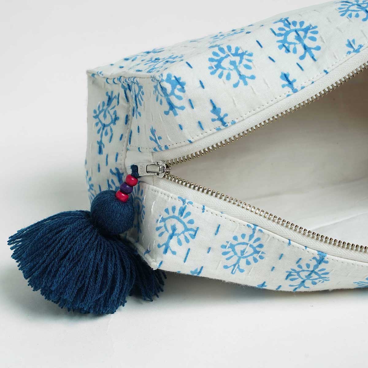 Blue Block printed utility kantha pouch, make up /cosmetic / toiletry bag