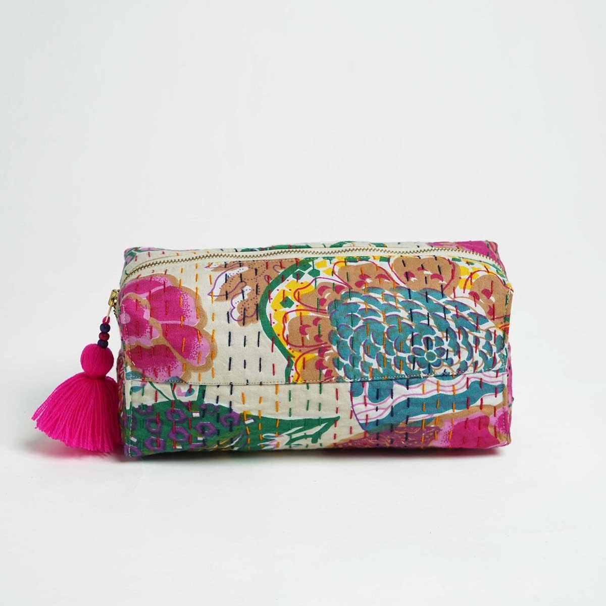 Off white printed utility kantha pouch, make up /cosmetic / toiletry bag