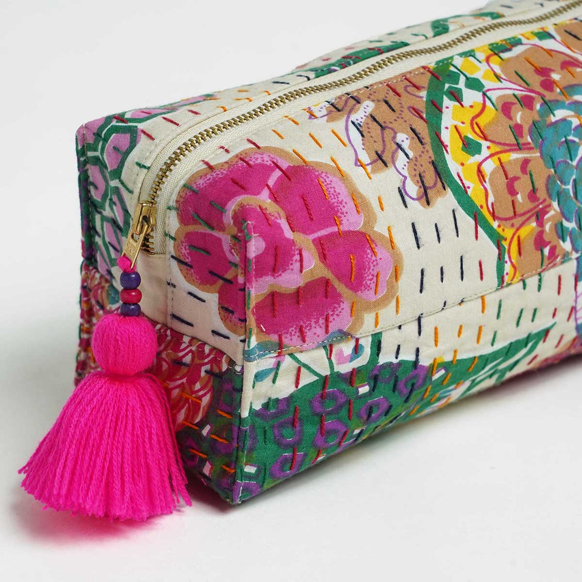 Off white printed utility kantha pouch, make up /cosmetic / toiletry bag