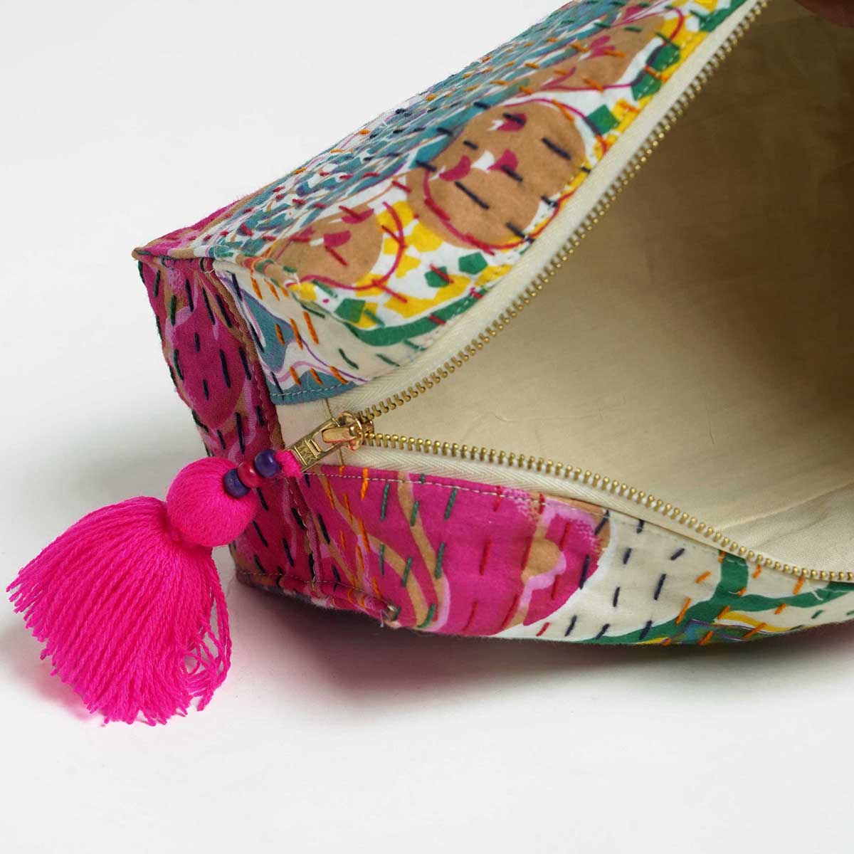 Off white printed utility kantha pouch, make up /cosmetic / toiletry bag