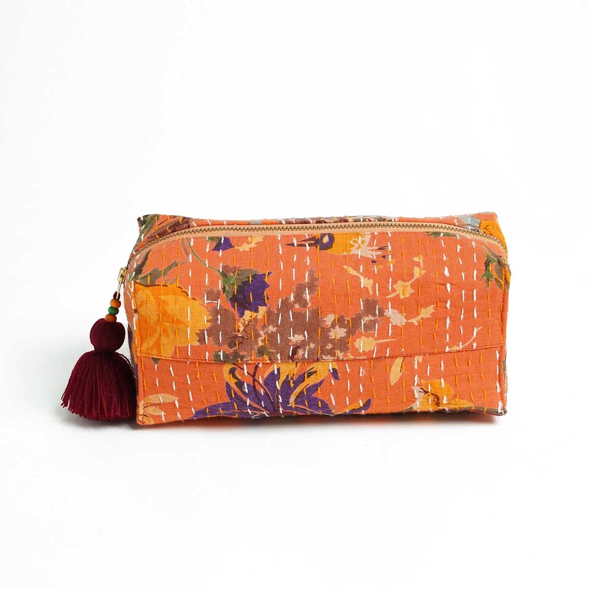 Orange printed utility kantha pouch, make up /cosmetic / toiletry bag