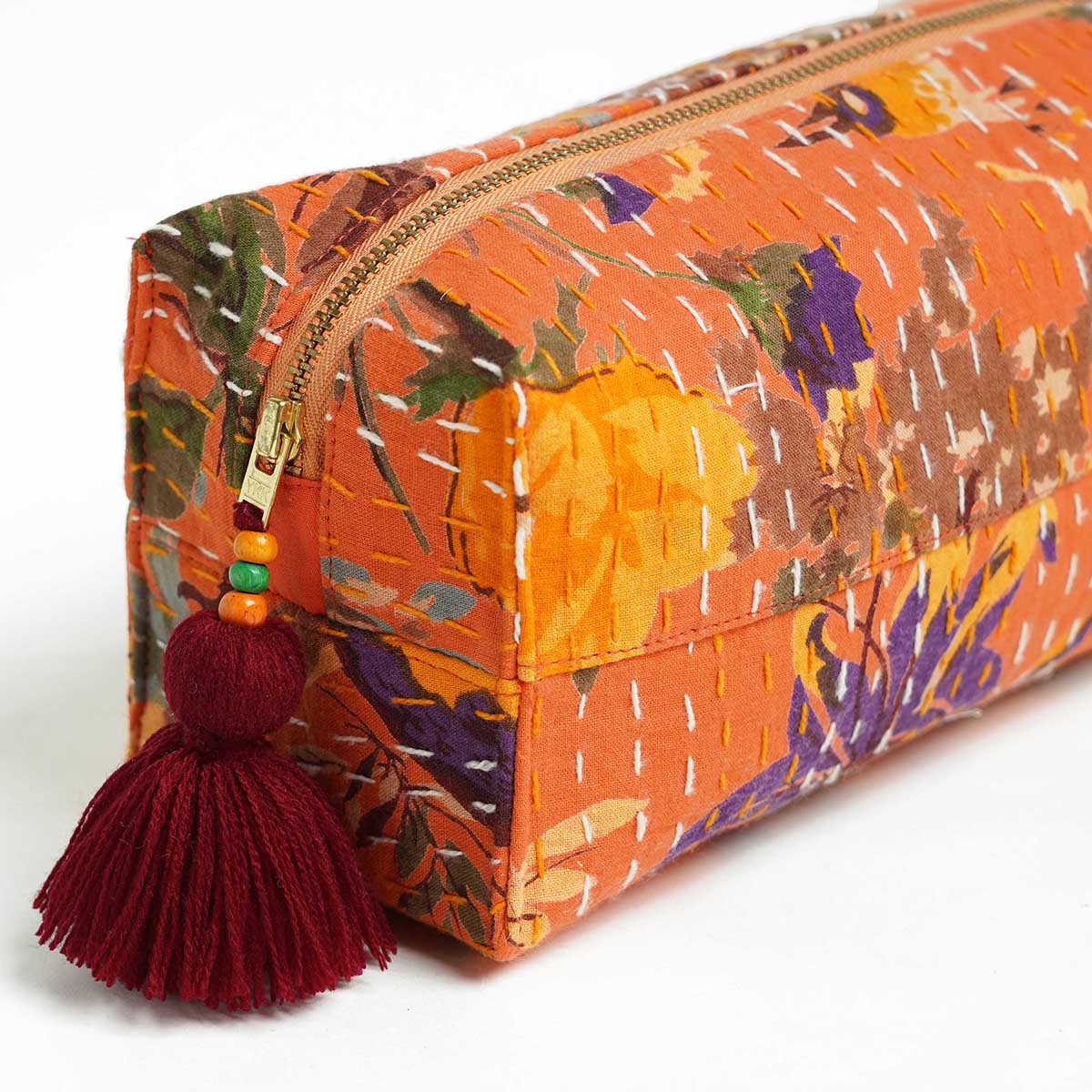 Orange printed utility kantha pouch, make up /cosmetic / toiletry bag