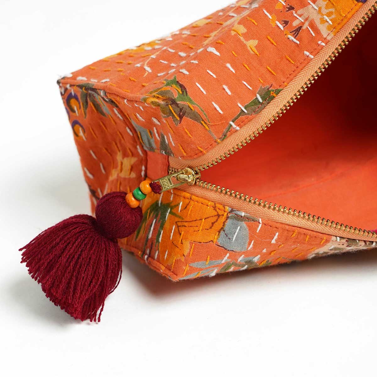 Orange printed utility kantha pouch, make up /cosmetic / toiletry bag