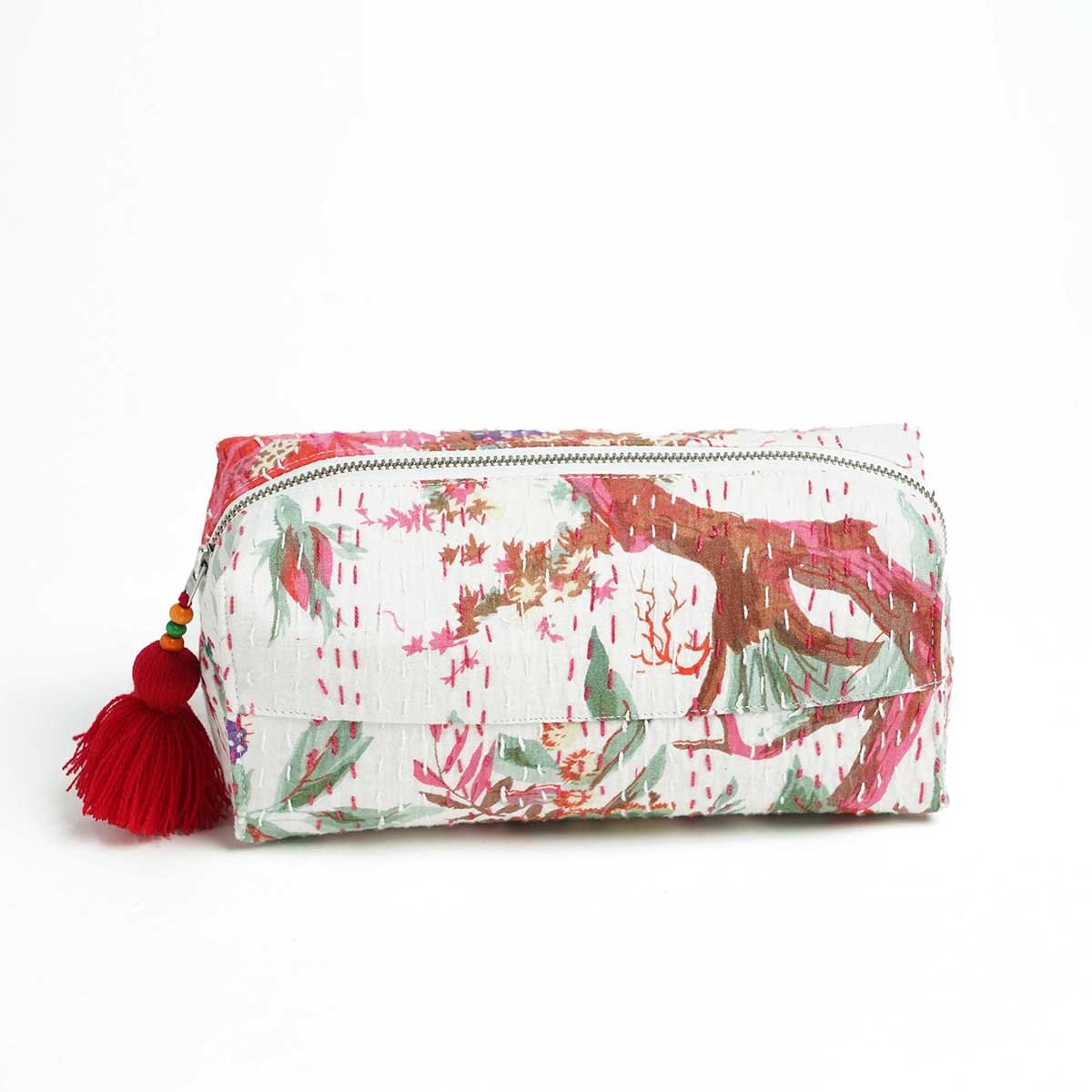 White printed utility kantha pouch, make up /cosmetic / toiletry bag