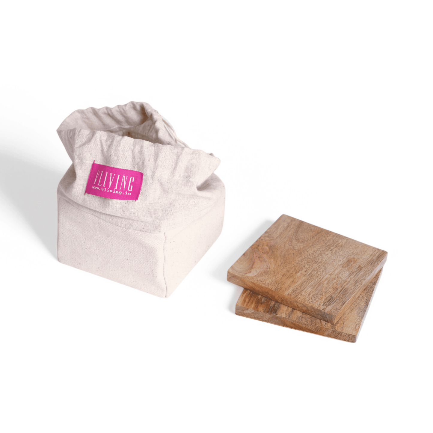 Pack of 6 mango wood coasters packed in a canvas drawstring bag.