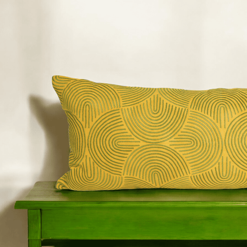 KASHIDAKAARI - Yellow long lumbar cotton pillow cover with modern retro pattern embroidery, 12X30 inches, other sizes available
