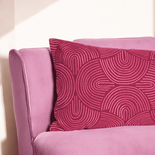 KASHIDAKAARI - Magenta long lumbar cotton pillow cover with modern retro pattern embroidery, 12X30 inches, other sizes available