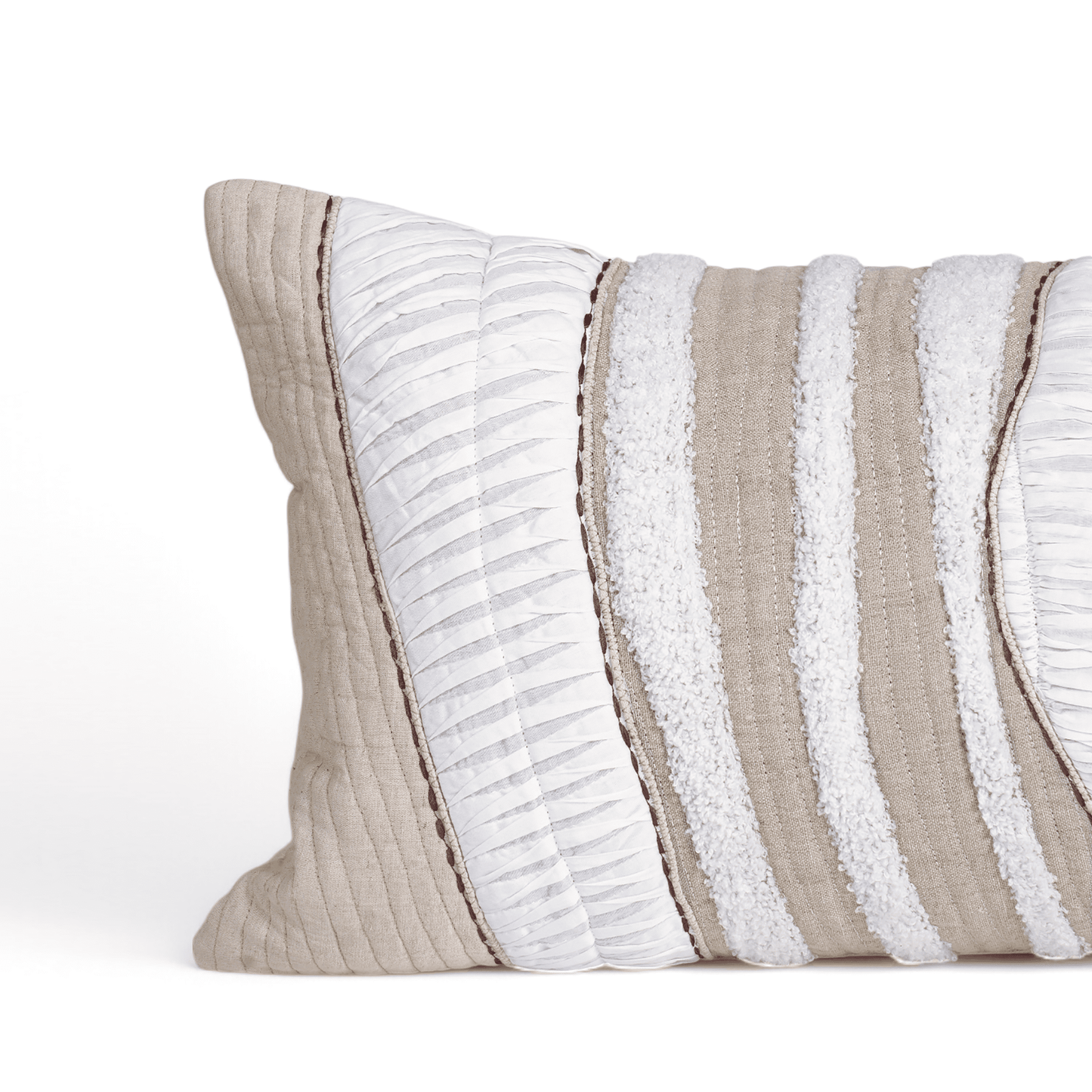TEXTURES - Quilted and textured long lumbar pillow cover in natural colours in cotton and linen, 12X30 inches and other sizes available