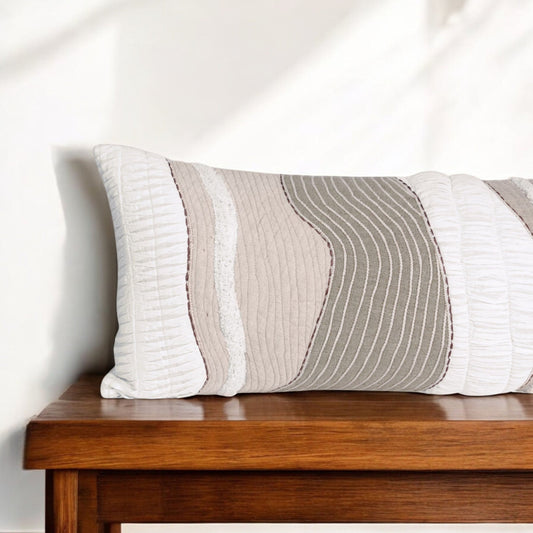 TEXTURES - Quilted and textured long lumbar pillow cover in natural colours in cotton and linen, 12X30 inches and other sizes available