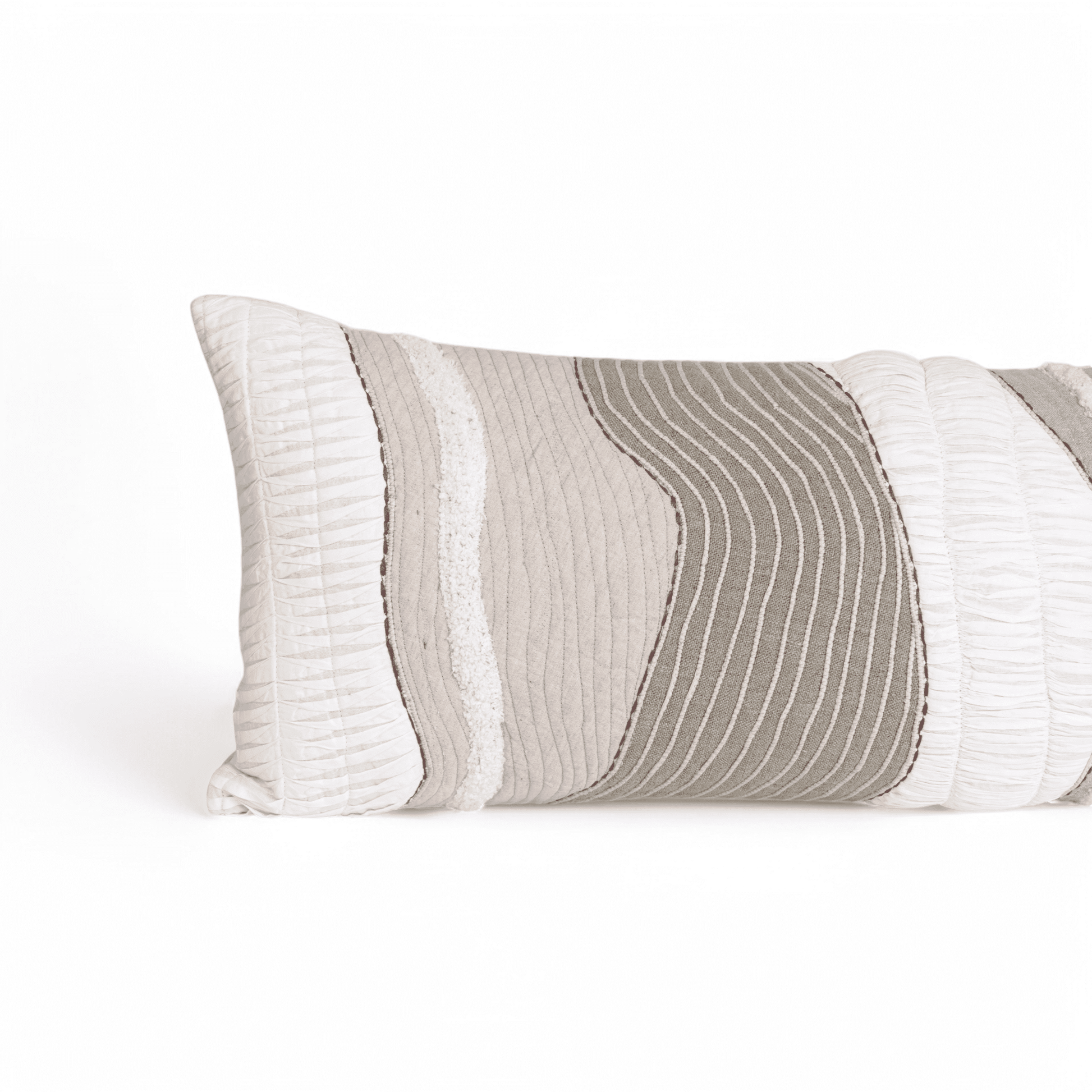 TEXTURES - Quilted and textured long lumbar pillow cover in natural colours in cotton and linen, 12X30 inches and other sizes available