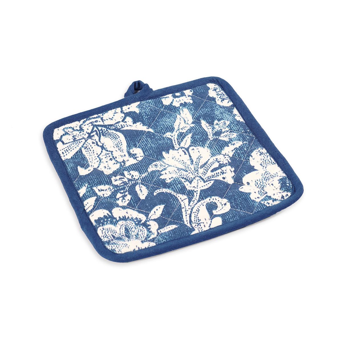 DOMINOTERIE Indigo Blue bold floral print Pot holder and Glove, kitchen accessory, 100% cotton, view options