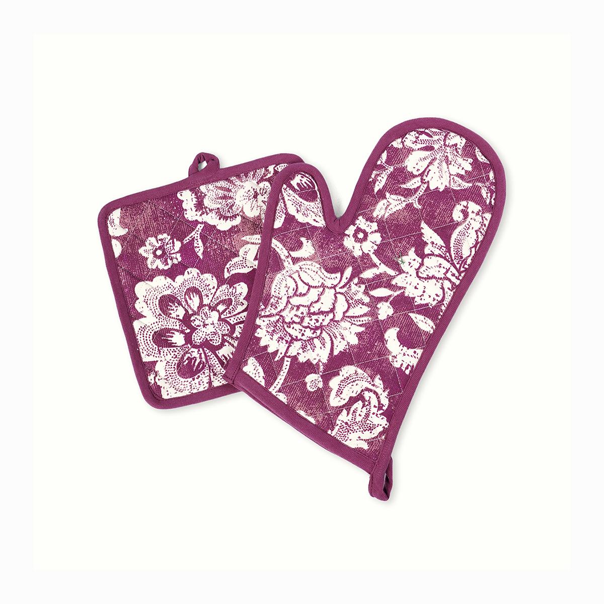 DOMINOTERIE Plum bold floral print Pot holder and Glove, kitchen accessory, 100% cotton, view options